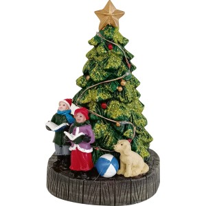 Mehrfarbige OBI Weihnachtsdorf Figur aus Polyresin: Kinder singen am glitzernden Weihnachtsbaum mit Hund. Ideal für Tischdeko.