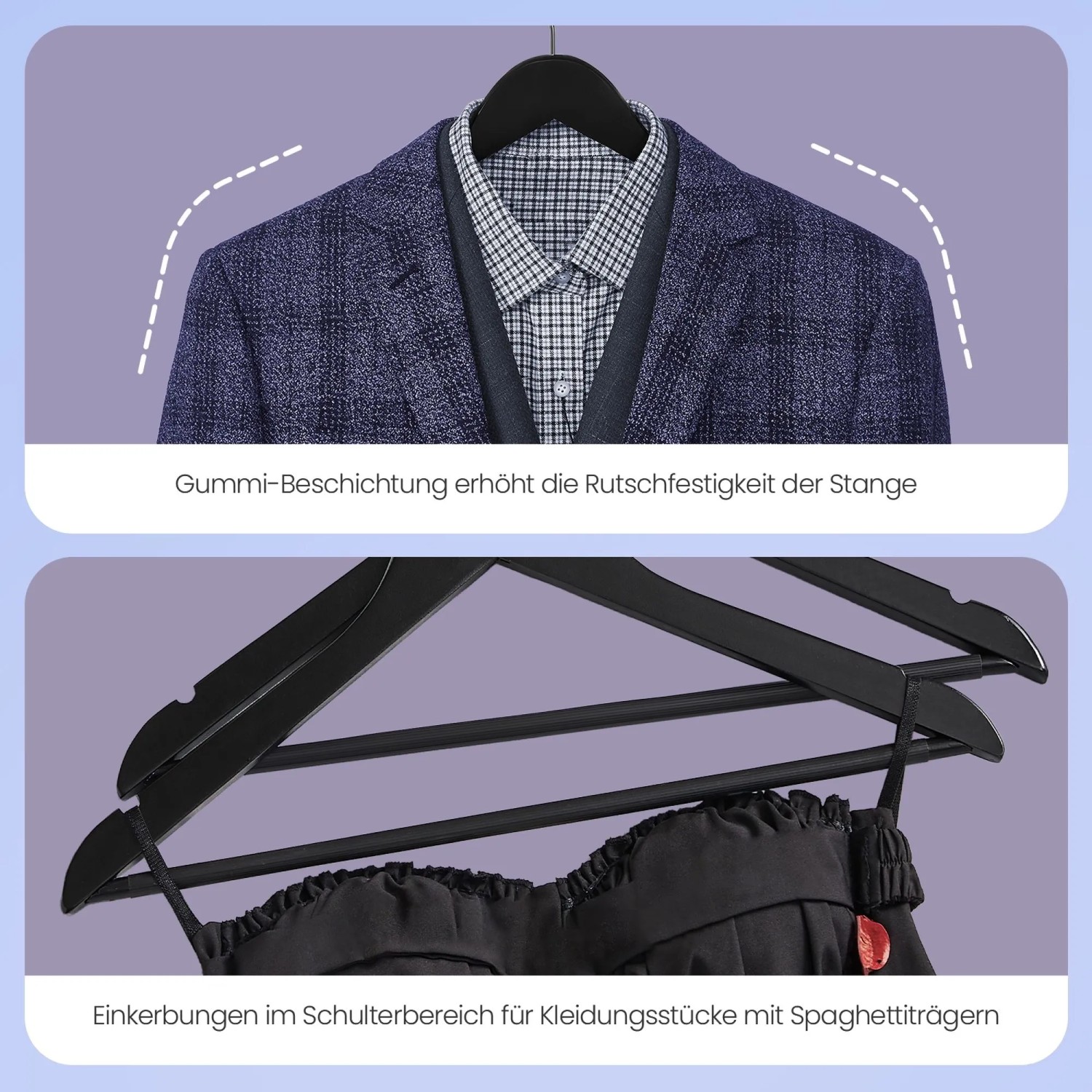 Songmics Kleiderbügel Cason, 10er Set, Holz, schwarz. Bügel mit Anzug und Kleid. Textile Aufbewahrung.