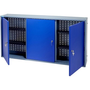 Küpper Hängeschrank, 3-türig, blau, mit Lochwand und 4 Böden, 1200 mm breit.