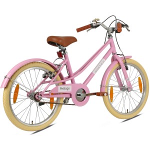 PROMETHEUS Kinderfahrrad 20 Zoll, rosa Retro Look mit braunem Sattel, Felgenbremse und Ständer.
