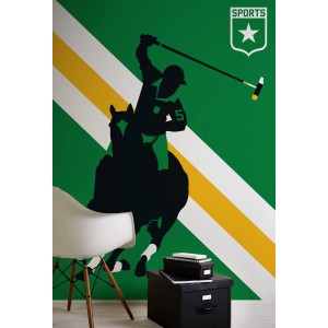 Fototapete mit Polo Spieler Motiv in Weiß, Gelb, Grün und Schwarz. 2,00 m x 2,70 m.