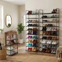 Schwarzes Metall Schuhregal Stecksystem mit 10 Ebenen, flexibel als 2 hohe und 1 niedriges Regal im Flur.