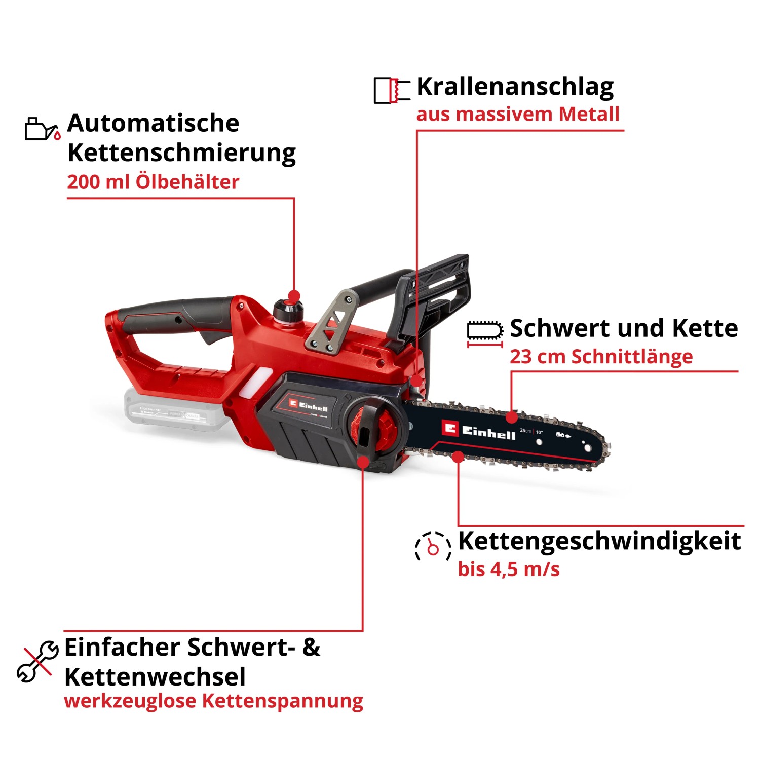 Einhell Akku-Kettensäge GE-LC 18/25 Li Solo: Rote Kettensäge mit Schwert und Kette. Mitglied der Power X-Change Familie.