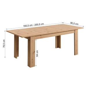 Ausziehbarer Esstisch Homestyle4u, Eiche Natur, 90x160 cm, mit Maßangaben.