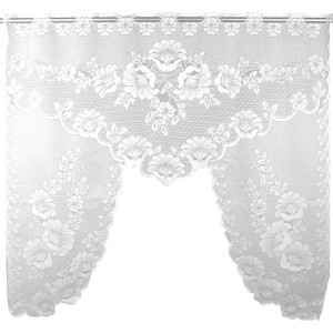 Weiße Arsvita Bogengardine Mona mit floraler Stickerei, geeignet für Fenstervorhänge.