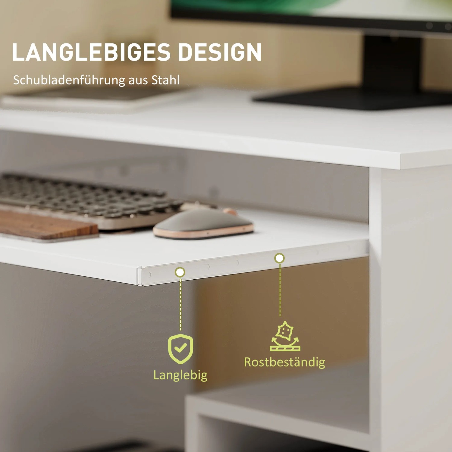 Detailansicht: Weißer HOMCOM Computertisch mit Tastaturauszug, kompakter Schreibtisch für kleine Räume.