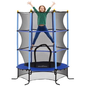 Blaues HOMCOM Kinder Trampolin mit Sicherheitsnetz, Mädchen springt mit erhobenen Armen.