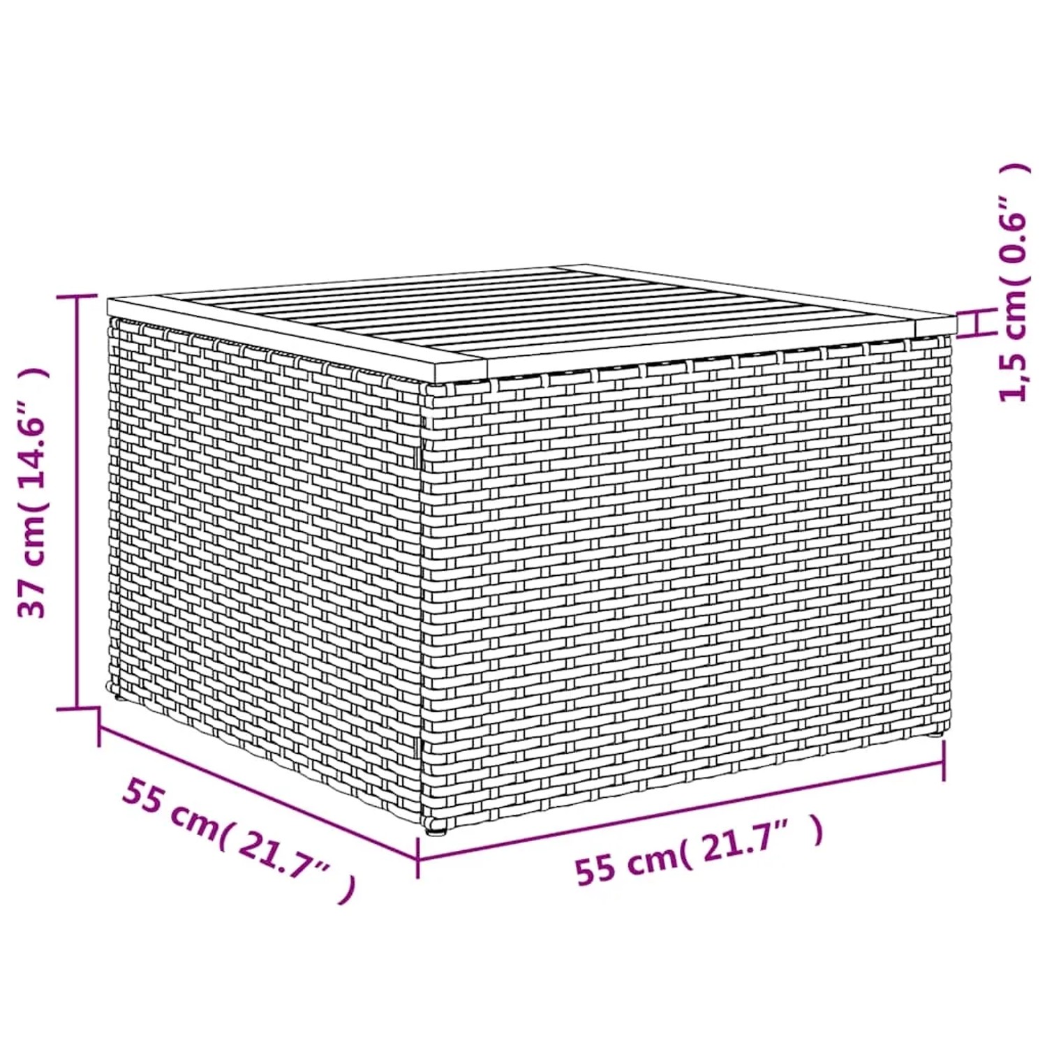 Skizze eines grauen vidaXL Gartenmöbel-Tisches aus Rattan mit Maßangaben.
