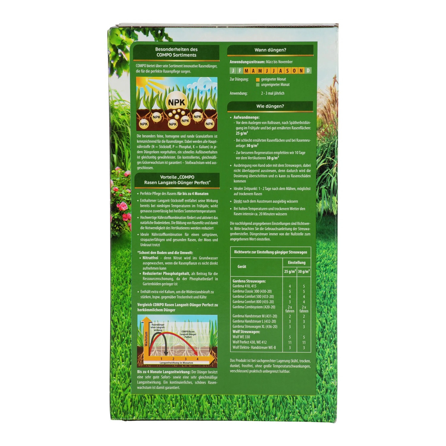 Compo Rasen-Langzeitdünger 3 kg, Verpackung mit Produktinformationen und Anwendungsdetails.