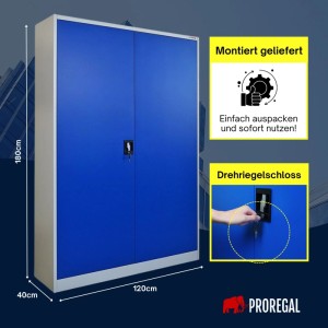 PROREGAL Flügeltürenschrank ELEPHANT Komplett Montiert Mit 2 Türen Abschließbar HxBxT 180x120x40cm 4 Ebenen Stahl Pulverbeschichtet Blau/Lichtgrau