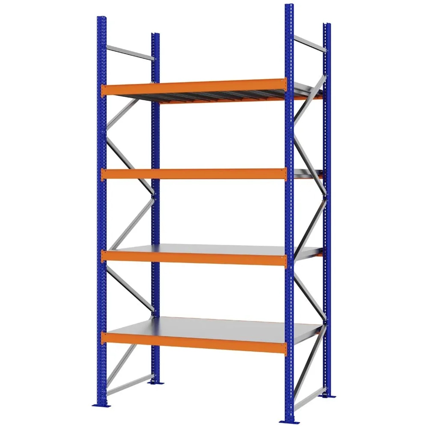 PROREGAL Weitspannregal Schraub-Stecksystem MAGNUS PRO Made In Germany Grundregal 300x150x80cm 4 Ebenen Stahlböden Fachlast 750kg Blau/Orange