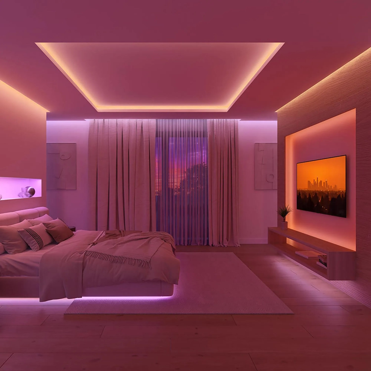 Schlafzimmer mit indirekter Beleuchtung durch Philips Hue LED-Streifen.