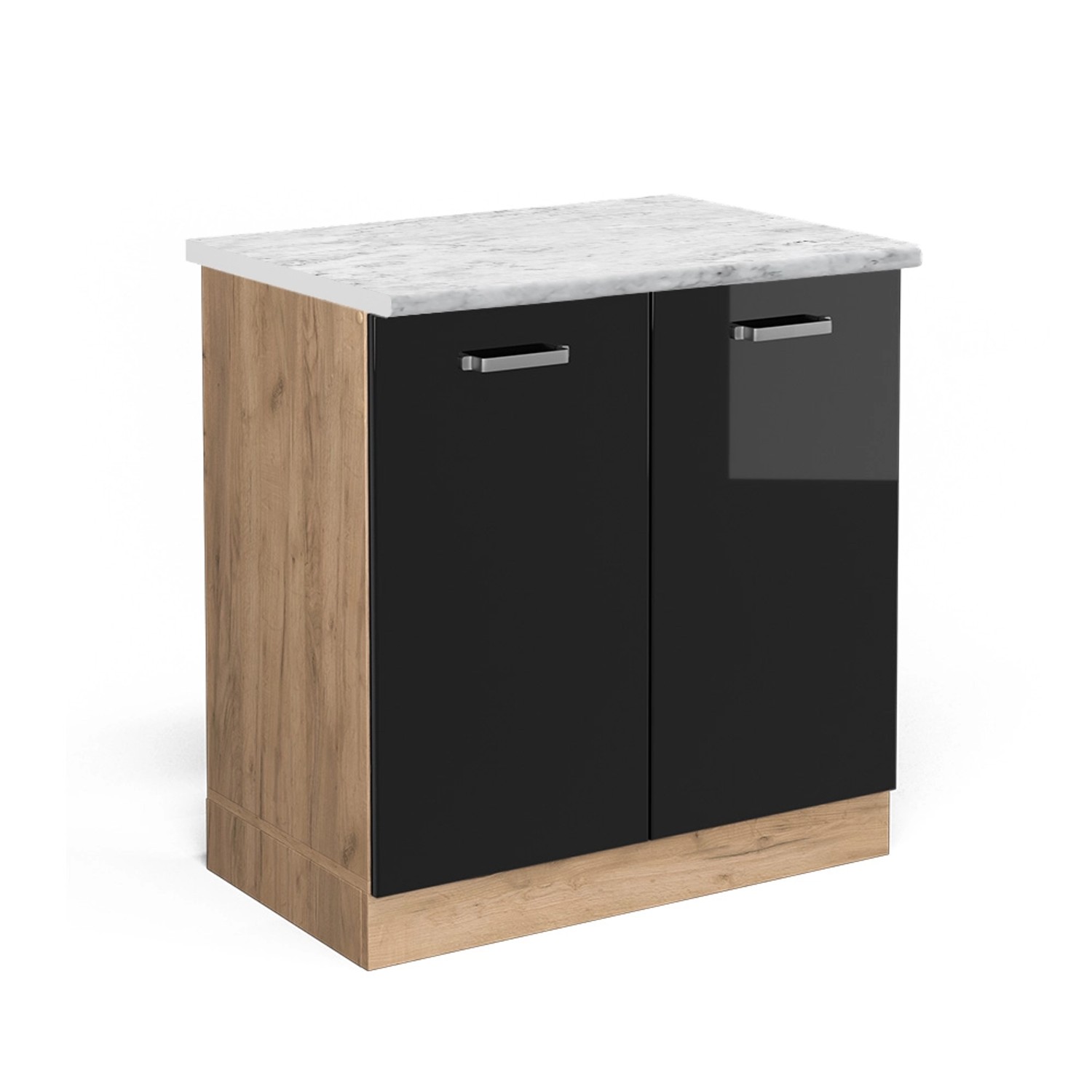 Thumbnail - Vicco Spülenunterschrank R-Line Schwarz Hochglanz/Goldkraft Eiche 80 cm AP Marmor