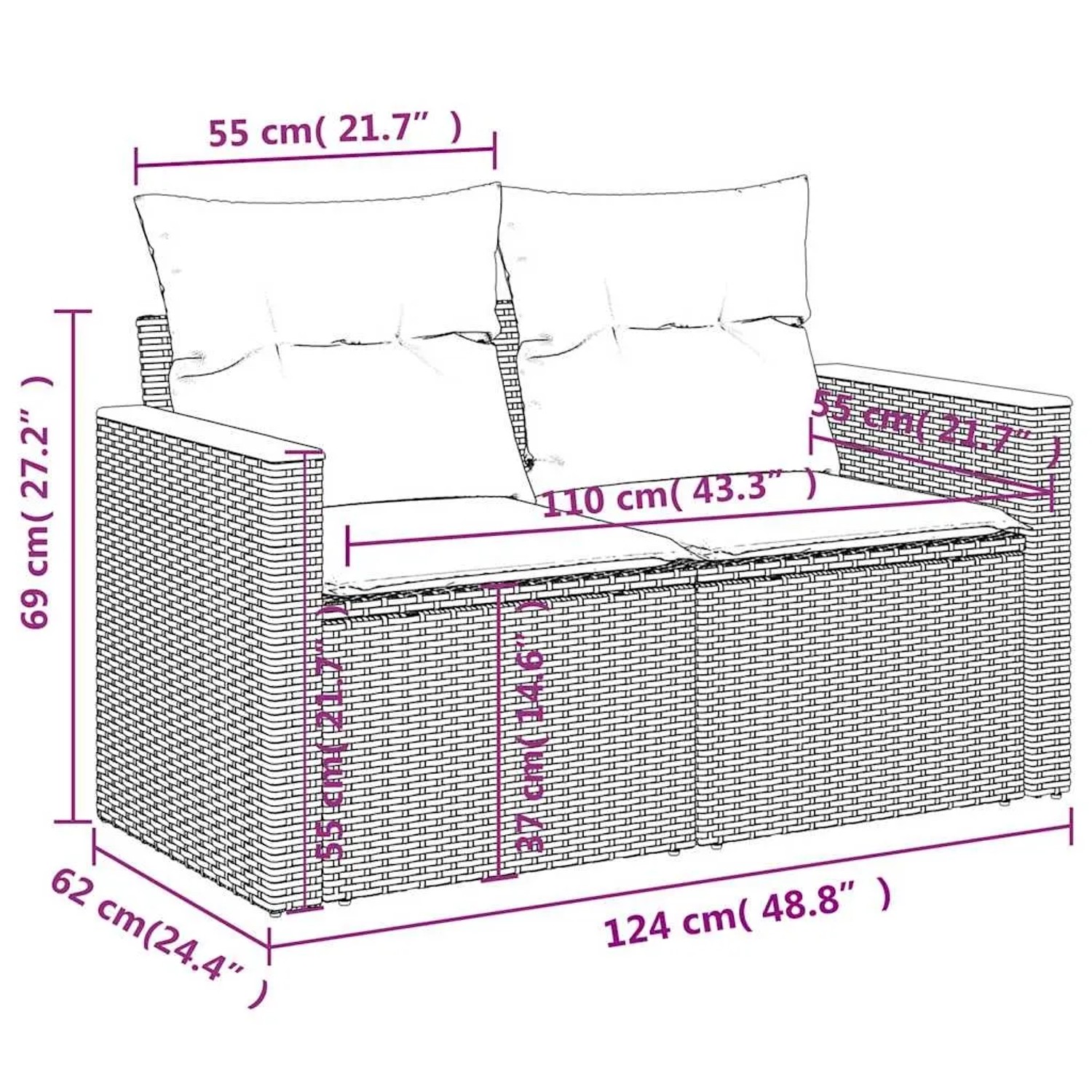 Beige 9-teilige Garten Sofagarnitur aus Polyrattan mit Kissen und Akazienholz Details.