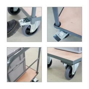 Detailansichten des grauen PROREGAL Profi Plattformwagens mit Rollen und Bremse.