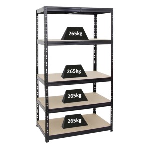 Schwarzes PROREGAL Schwerlastregal Tiger mit 5 Ebenen und Gewichten zur Demonstration der Traglast.