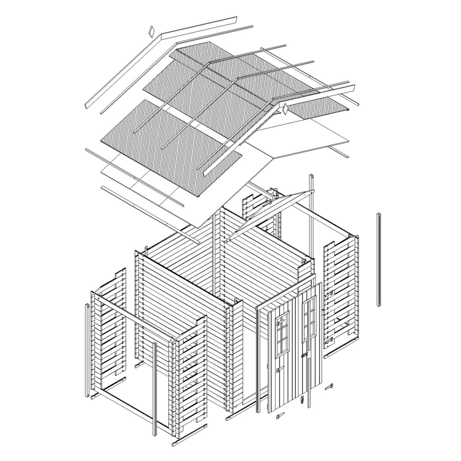 Explosionszeichnung: Timbela Holz-Gartenhaus M391C, 5,47 m², mit Holzlager.