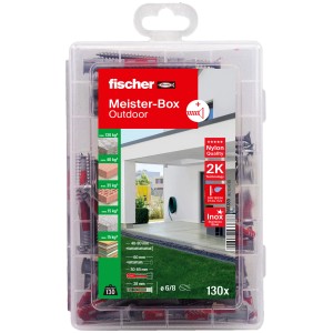 Fischer Meister-Box Outdoor mit 130 Dübeln und Schrauben, sortiert in transparenter Kunststoffbox.