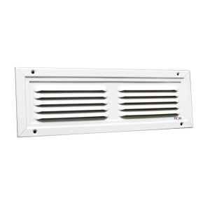Weißes Aluminium Lüftungsgitter 300x100 mm mit Lamellen und Befestigungslöchern. Ideal als Zuluft- oder Abluftgitter.