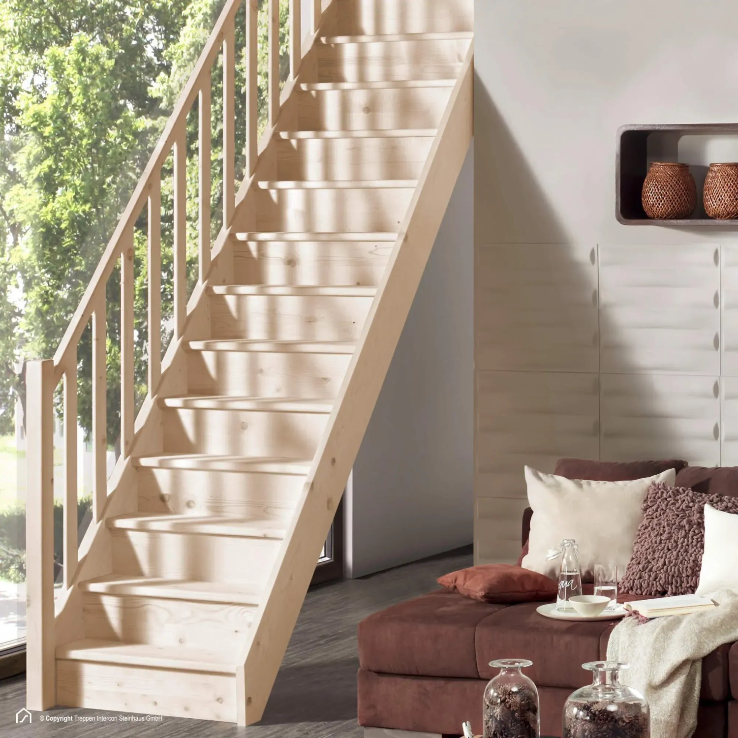 Treppen Intercon Holztreppe Casablanca Raumspartreppe Fichte Massiv Naturbelassen Gerade Mit 60 cm Treppenbreite Einseitiges Geländer Mit Setzstufen_2