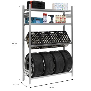 PROREGAL Getränke- & Reifenregal: Verzinktes Steckregal mit 4 Reifen, 4 Kisten und 2 Ablageböden.
