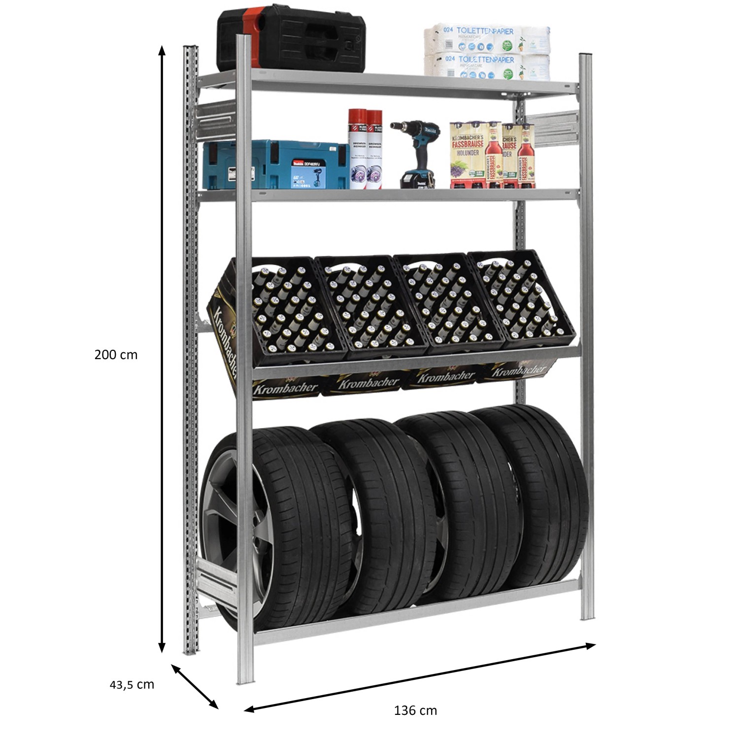 PROREGAL Getränke- & Reifenregal: Verzinktes Steckregal mit 4 Reifen, 4 Kisten und 2 Ablageböden.