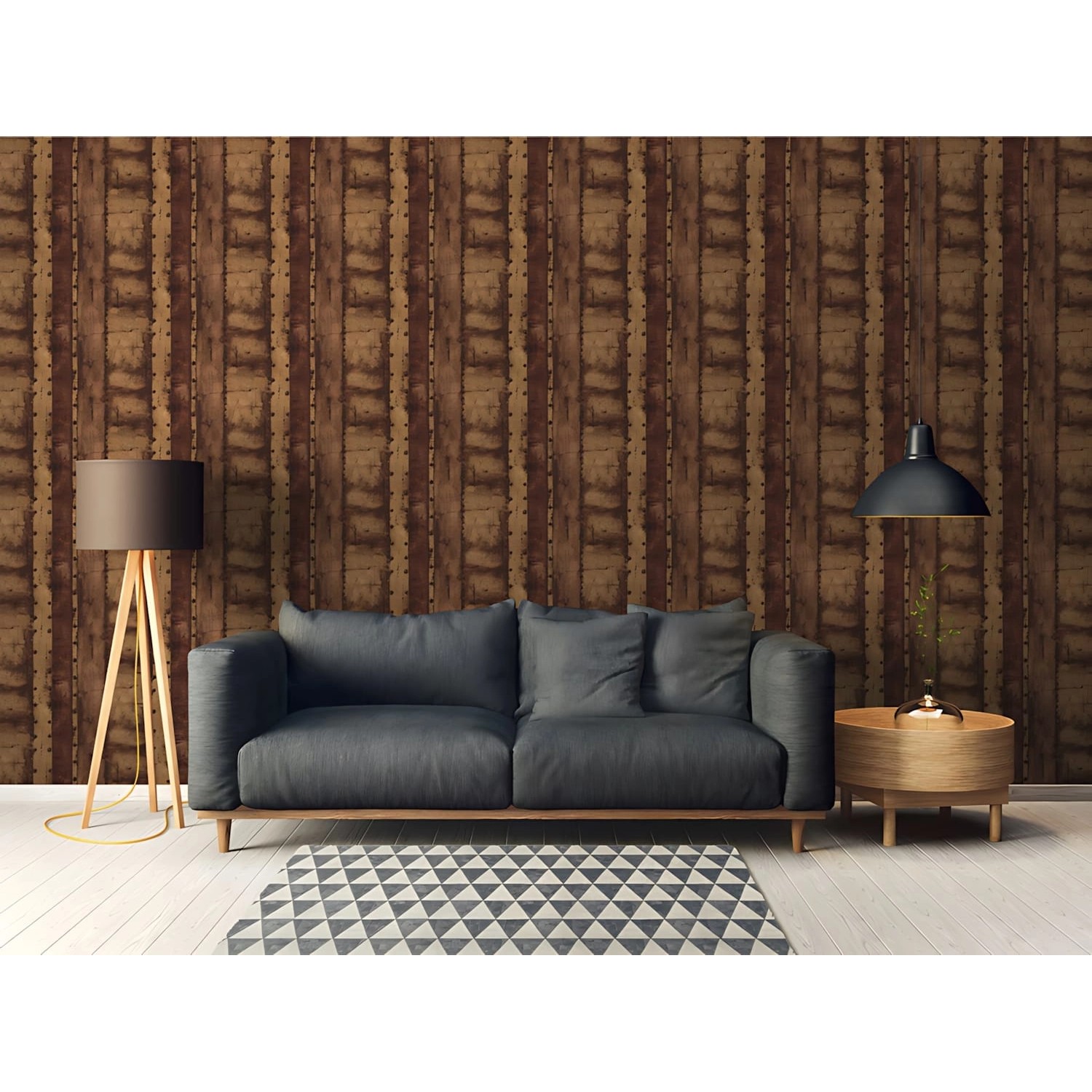 PROFHOME Vliestapete 377433-GU mit braun-orangem Used Look Muster in Wohnraum-Szene.