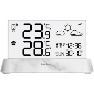 Weisse technoline Wetterstation WS 6782 mit digitaler Anzeige für Innen-/Außentemperatur, Funkuhr und Wettervorhersage.