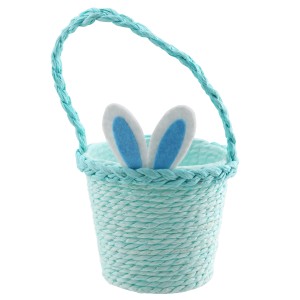 Blauer Papierkorb mit Henkel (Ø 11 cm) und Hasenohren für Ostern.