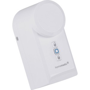 Weißer Homematic IP Türschlossantrieb für Hausautomation. Mit Tasten zum Verriegeln und Entriegeln der Tür. Smarte Steuerung.