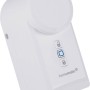 Weißer Homematic IP Türschlossantrieb für Hausautomation. Mit Tasten zum Verriegeln und Entriegeln der Tür. Smarte Steuerung.