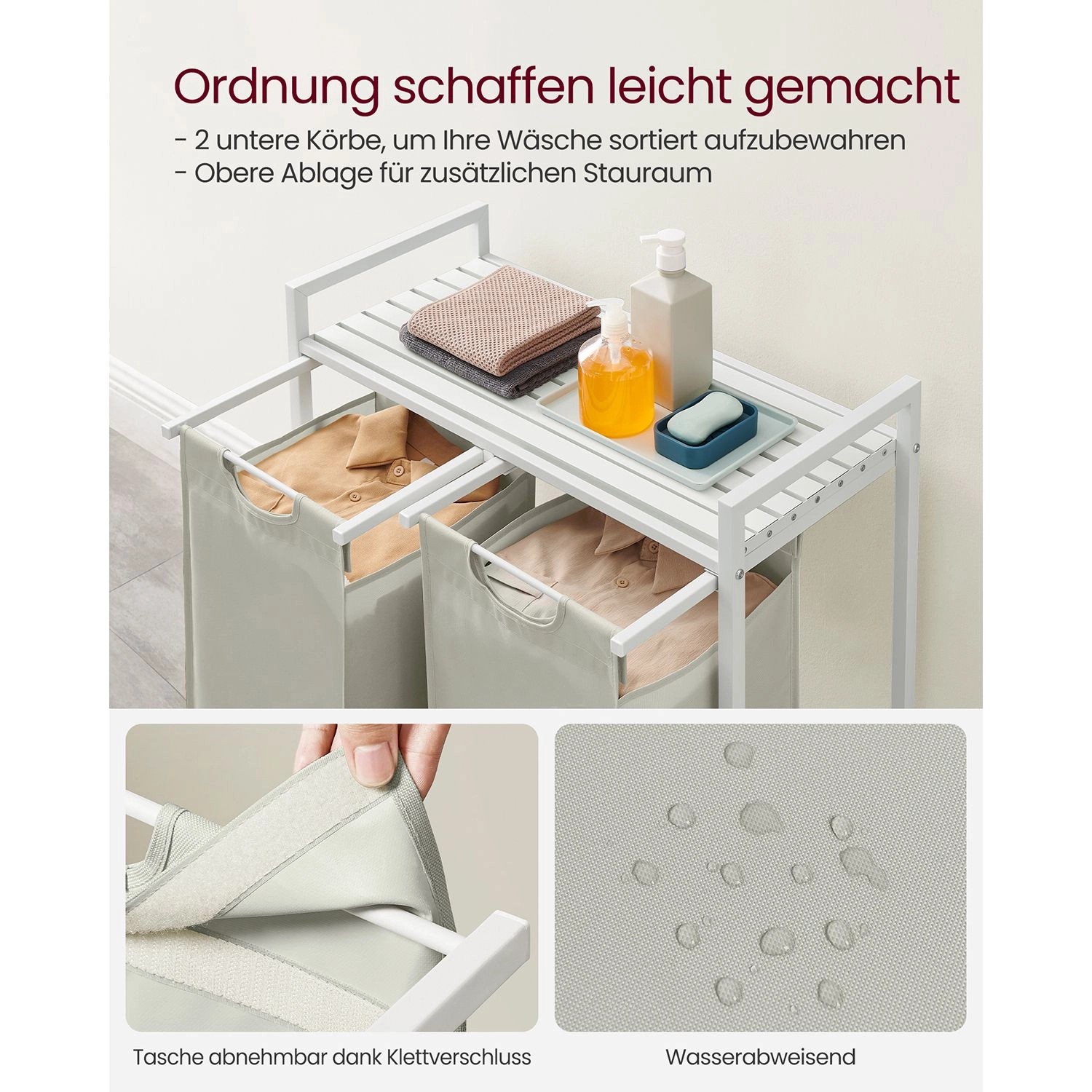 Weißer Vasagle Wäschekorb mit 2 Fächern (92 l) und Ablage für Bad, Waschküche oder Schlafzimmer.