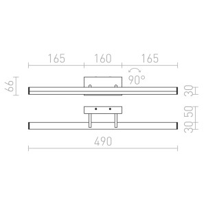 Technische Zeichnung der Rendl Sway LED-Wandleuchte in Chrom mit Maßen und 90° Kippfunktion, ideal als Bilderleuchte.