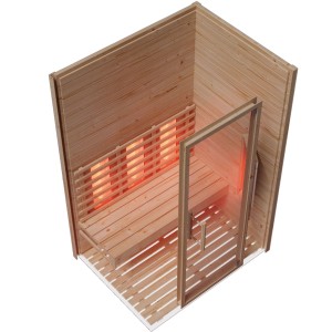 Eilo Infrarotkabine EL 431 aus Fichte, Innenansicht mit Bank und Infrarotstrahler.
