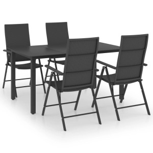 Schwarze 5-tlg. vidaXL Garten-Essgruppe Modell 2 mit Tisch und 4 Stühlen aus Rattan.