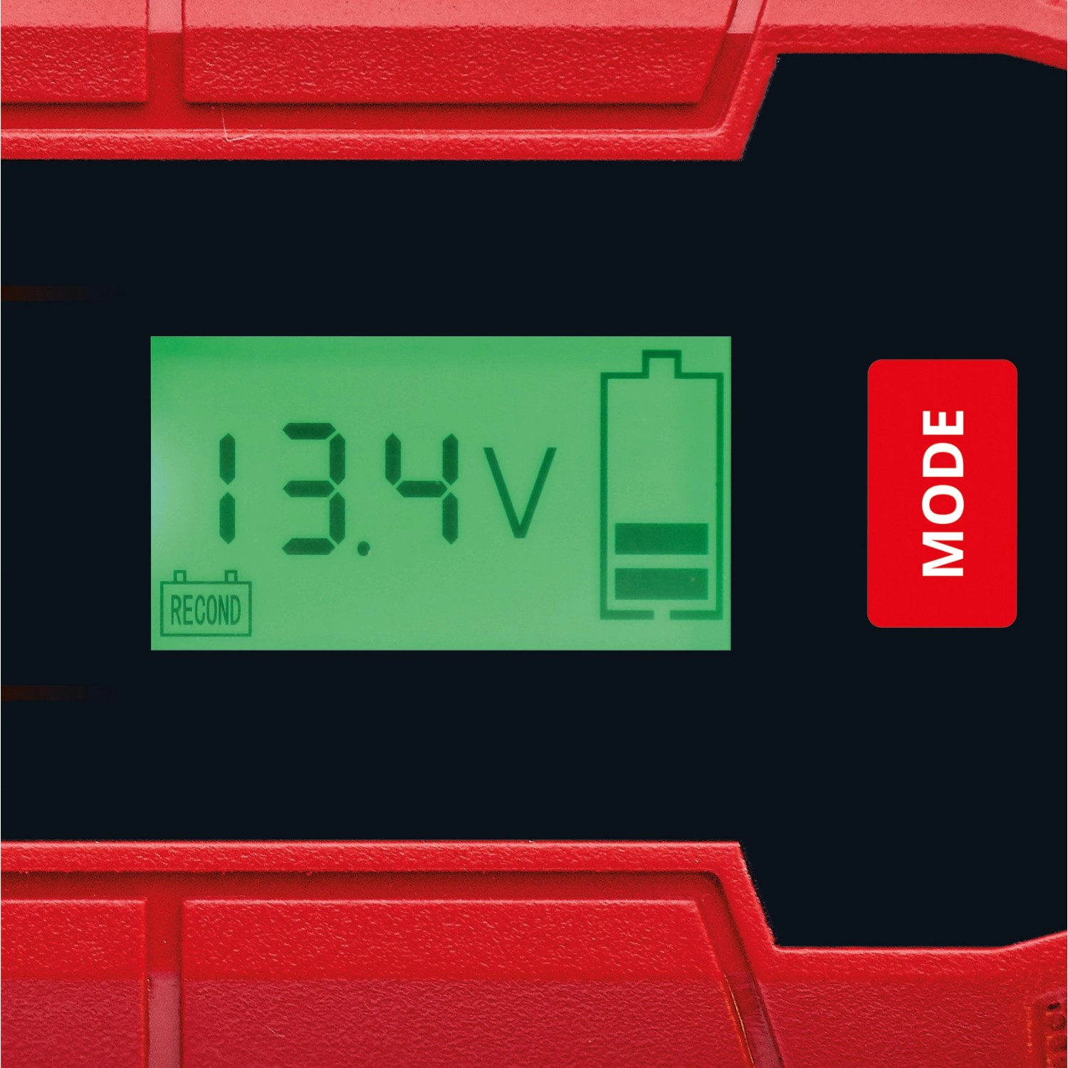 Detailaufnahme des Displays vom Einhell CE-BC 10 M Batterieladegerät mit Ladeanzeige.