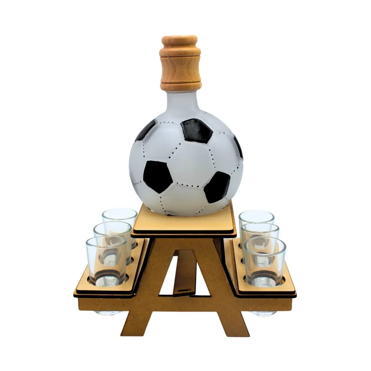 Holz Bank mit Fußball-Karaffe, 6 Schnapsgläsern. Dekoratives Geschenkset für Fußballfans.