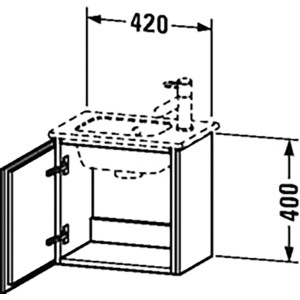 Duravit Waschbeckenunterschrank L-Cube, weiß matt, 42 cm, mit geöffneter Tür und Maßangaben.