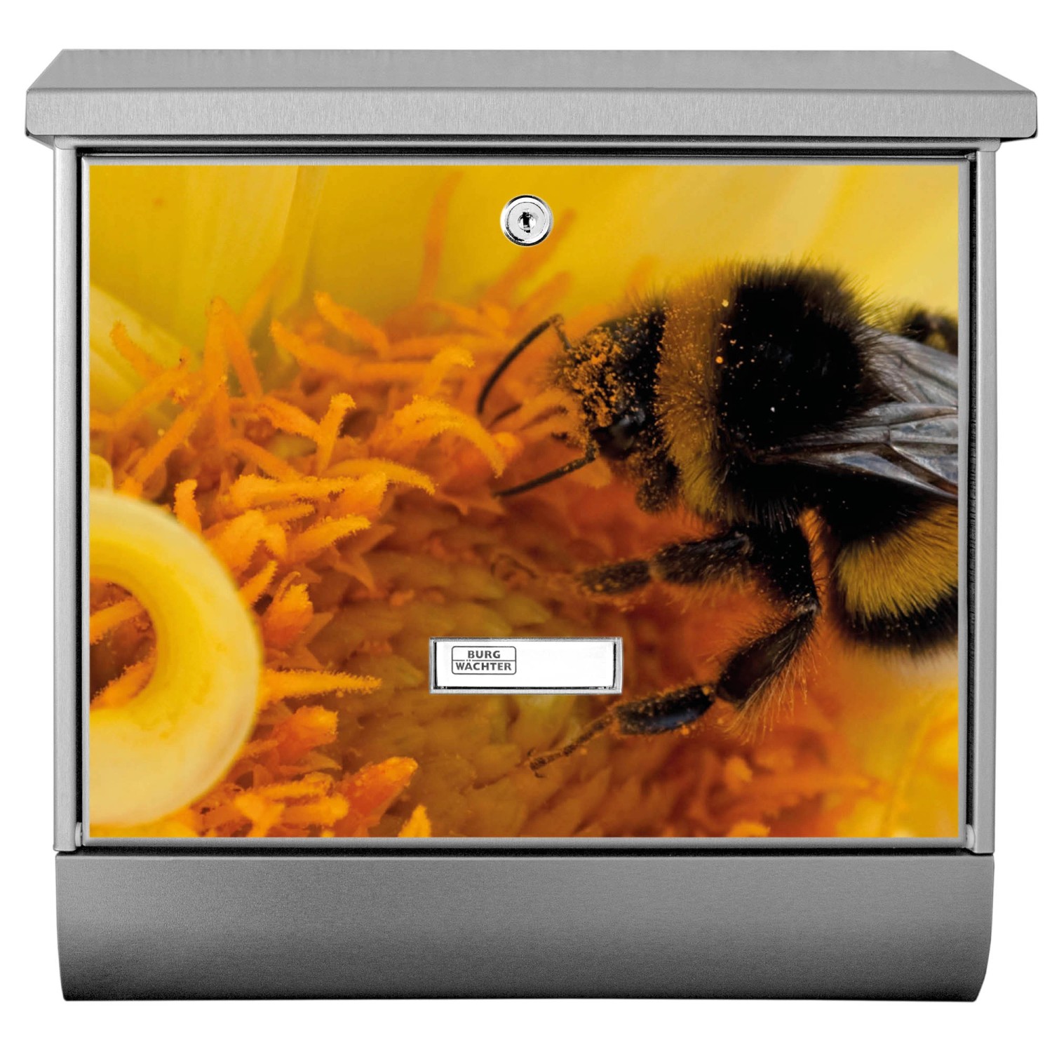 Edelstahl Briefkasten mit Zeitungsfach und Hummel Motiv, 38x39x12cm.