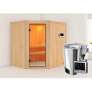 Karibu Sauna Livia mit Bio-Ofen und externer Steuerung aus naturbelassenem Holz.