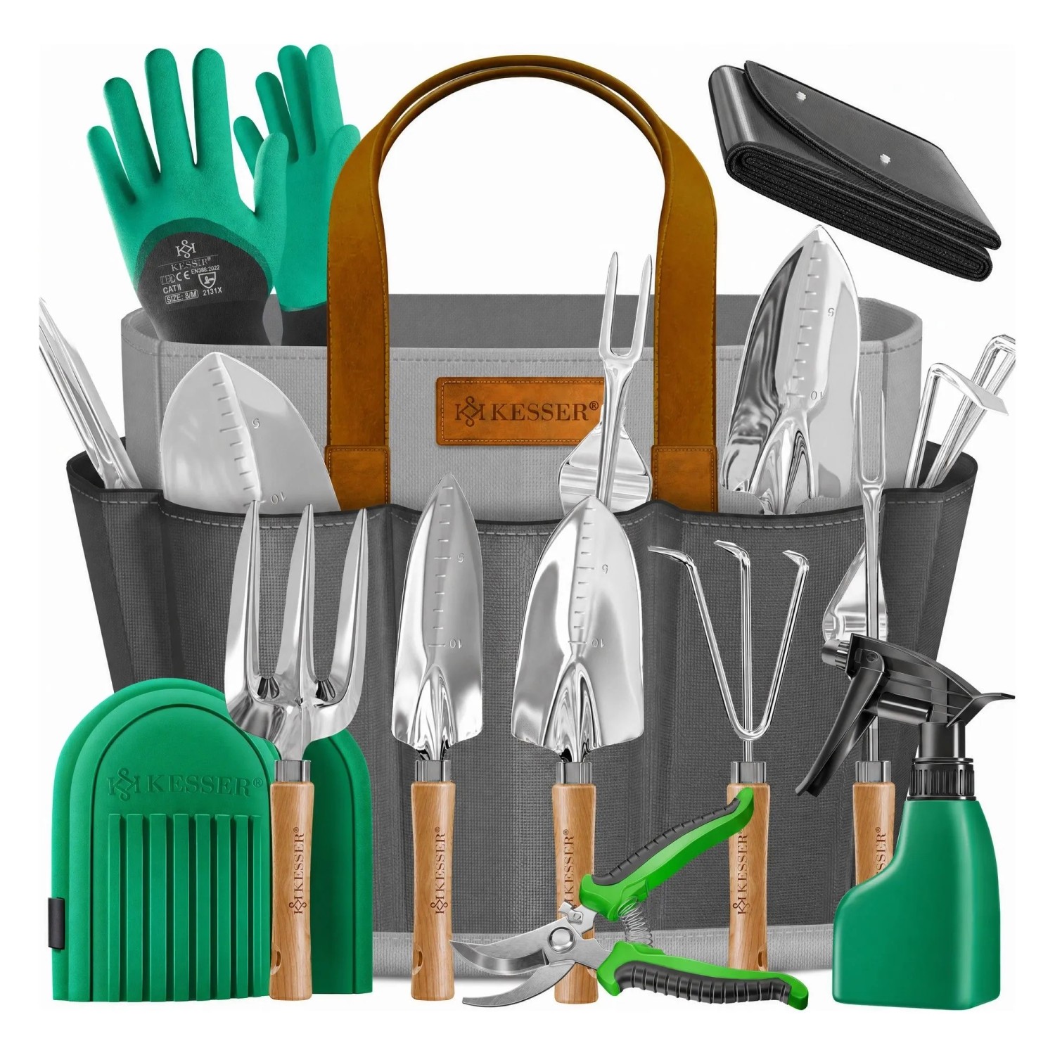 KESSER Gartenwerkzeug Set mit Tasche und Knieschoner Grau Anthrazit 10 Teile