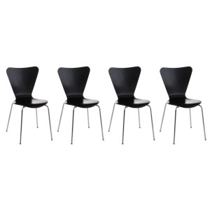 Set aus 4 schwarzen CLP Calisto Besucherstühlen mit ergonomischer Holzschale und glänzendem Chromgestell, stapelbar.