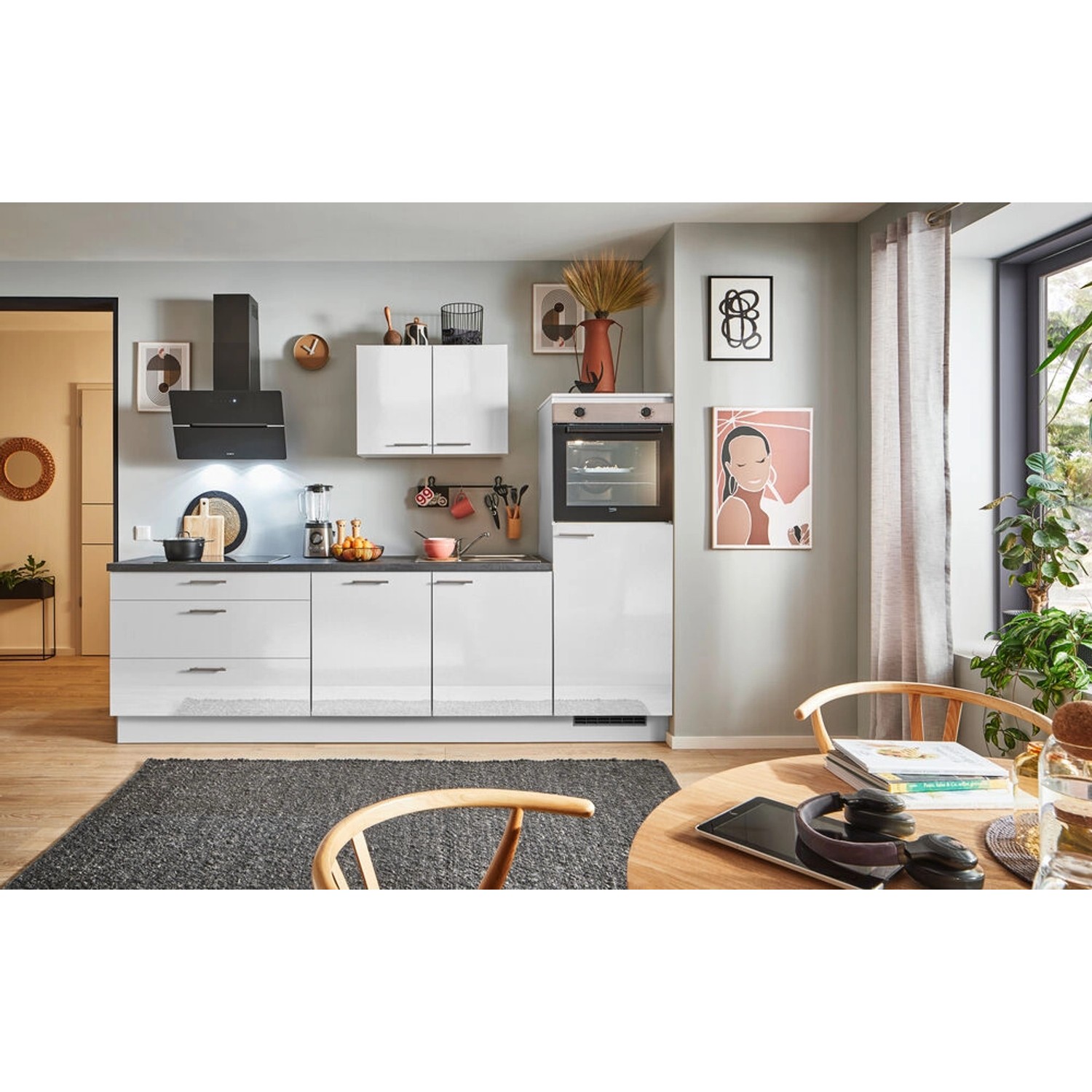 pino Küchenzeile 270 cm Lichtgrau Hochglanz Anschlag rechts 1 Geräteschrank