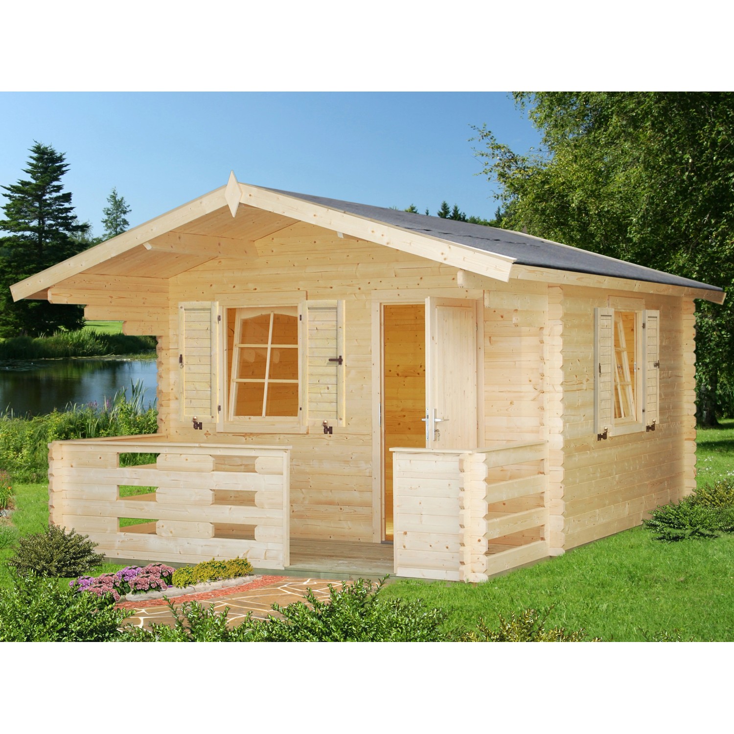 Palmako Emma Holz-Gartenhaus/Gerätehaus Hellbraun Satteldach 330 cm x 330 cm