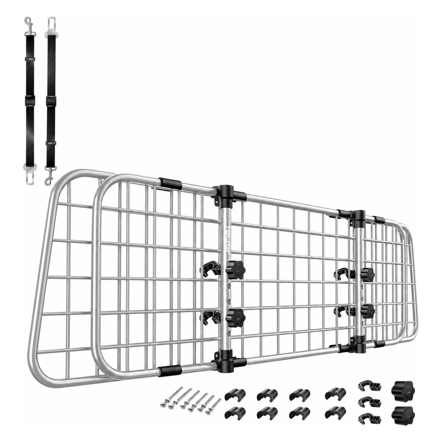 LOVPET Hundegitter Auto Verstellbar 92 Bis 152 cm mit 2 Gurten Grau