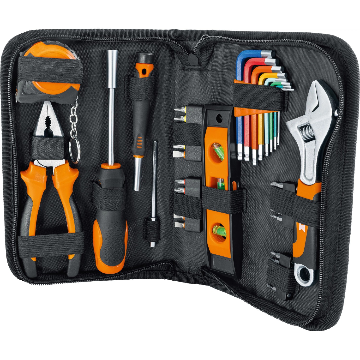 OBI Werkzeug-Set für Adventskalender: Diverse Handwerkzeuge wie Zange, Schraubendreher, Inbusschlüssel in schwarzer Tasche.