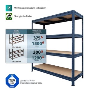 Graues KARAT Weitspannregal/Schwerlastregal mit 4 Böden, Traglast bis 1400 kg, 200x180x60 cm.
