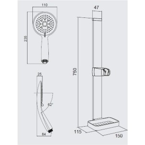 Technische Zeichnung: Euroshowers Duschstange mit Duschkopf, Klebemontage, Chrom, Maße