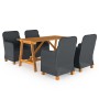vidaXL 5-tlg. Garten-Essgruppe, dunkelgrau: Tisch aus Akazienholz mit 4 Rattan-Stühlen und Sitzkissen.