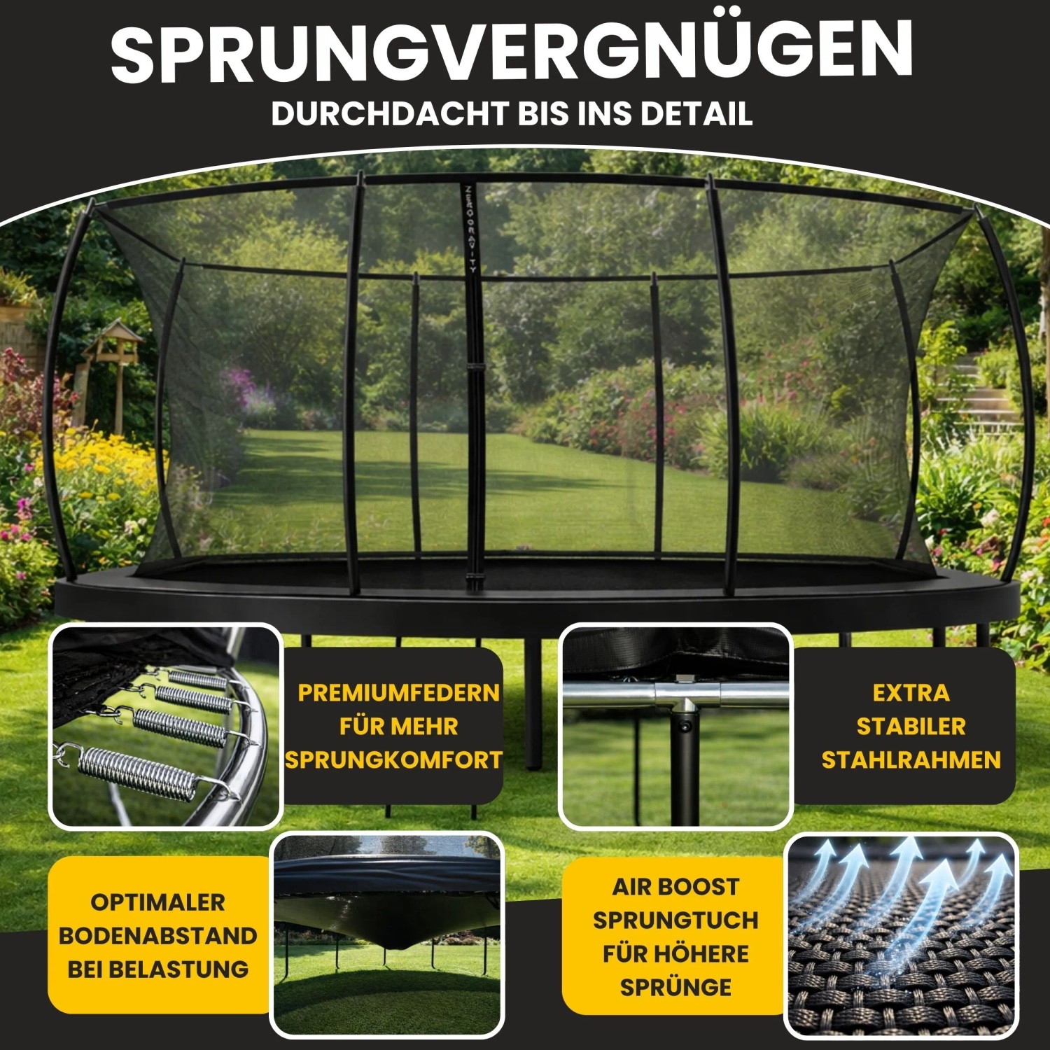 Zero Gravity Trampolin Outdoor 457x305cm TÜV GS Smartes Klappnetz mit Leiter und Bodenanker_5